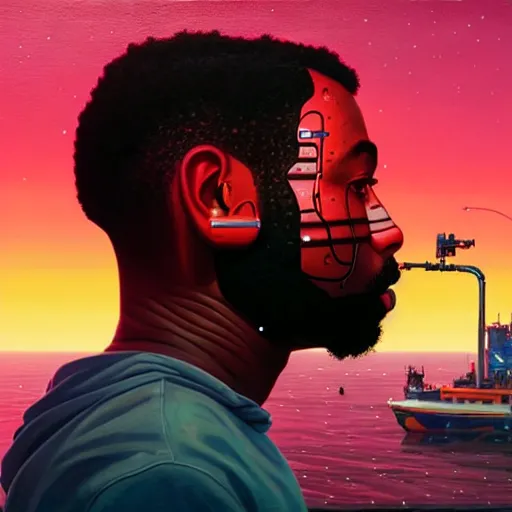 Image similar to side profile of a black man :: blood :: background sea :: intricate details :: futuristic oxygen mask :: 8k :: simon stalenhag and Sandra Chevrier