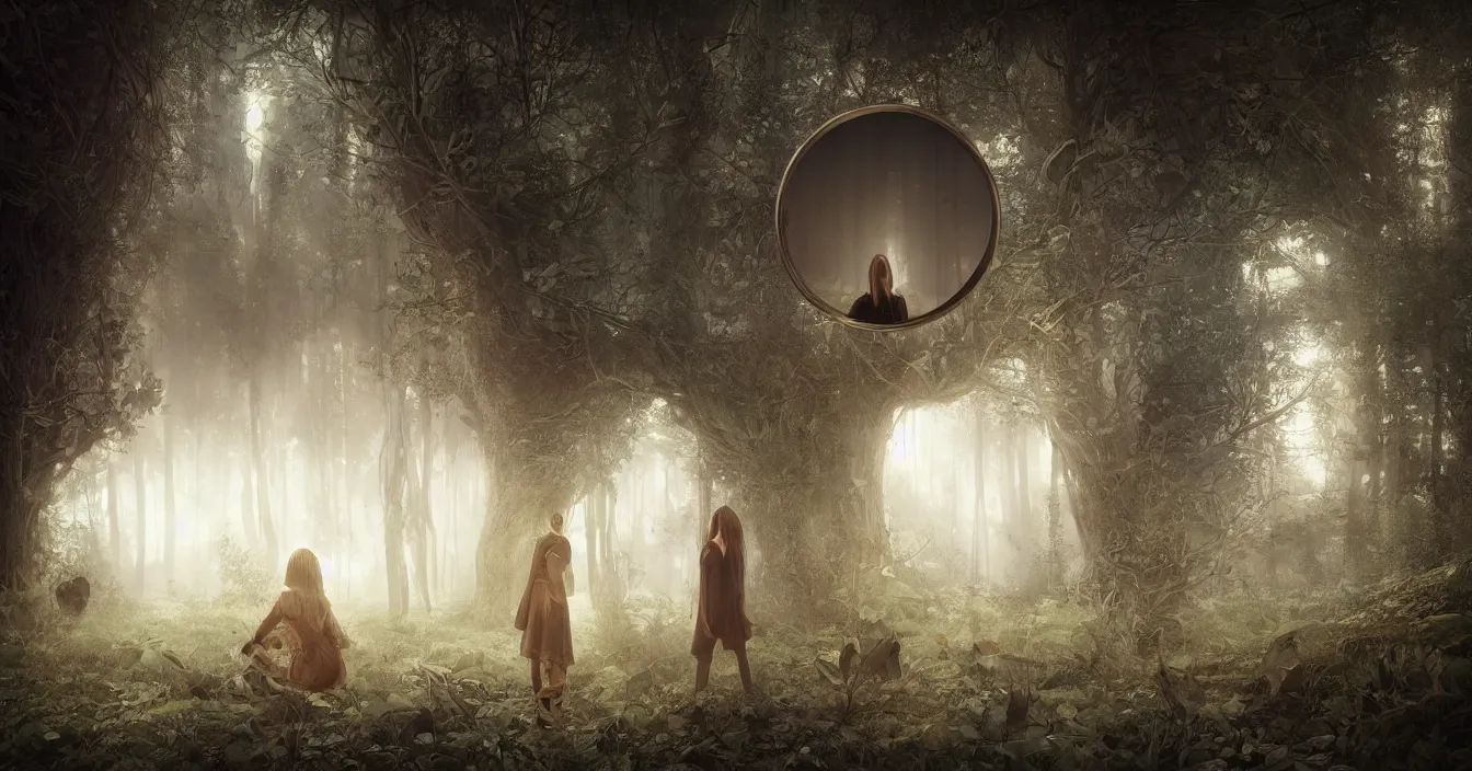 Prompt: looking through huge square mirror from other side dimension of dark silence, where is absolute peace and quiet around, beautiful digital art, contrast shading, unreal engine, vray, style of esao andrews