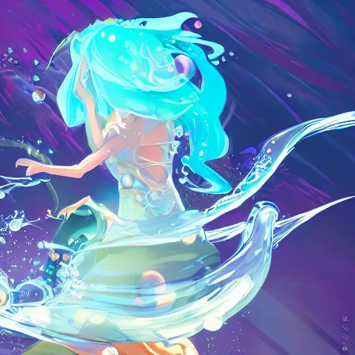 Image similar to female water mage, high quality character design, action pose : : spotlight, magical, seapunk, seaweed, bubbles, high detail, 1 6 k, oled, shadows, reflections, by rossdraws