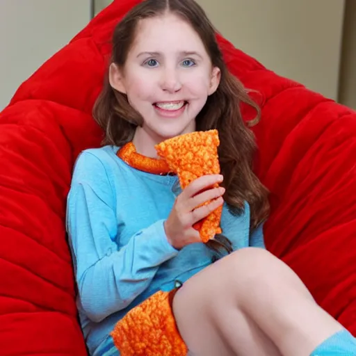 Prompt: sitting in a beanbag chair in skimpy pajamas eating cheetos