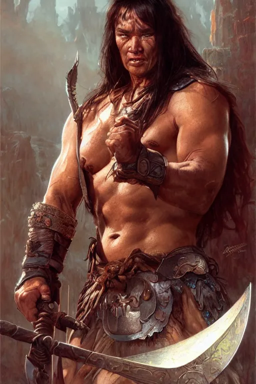 Prompt: Conan the Barbarian portrait by Stanley Artgerm Lau, greg rutkowski, thomas kindkade, alphonse mucha, loish, norman Rockwell