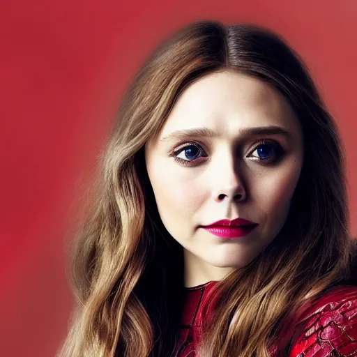 Prompt: ( elizabeth olsen ) scarlet witch!, portrait!!!, [ 4 k photorealism ]!!, trending on unsplash