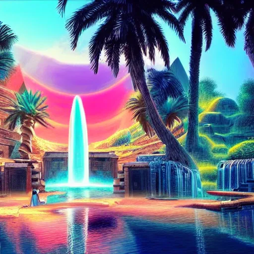 Image similar to old egyptian structures with waterfalls, epic retrowave art, trending on art station