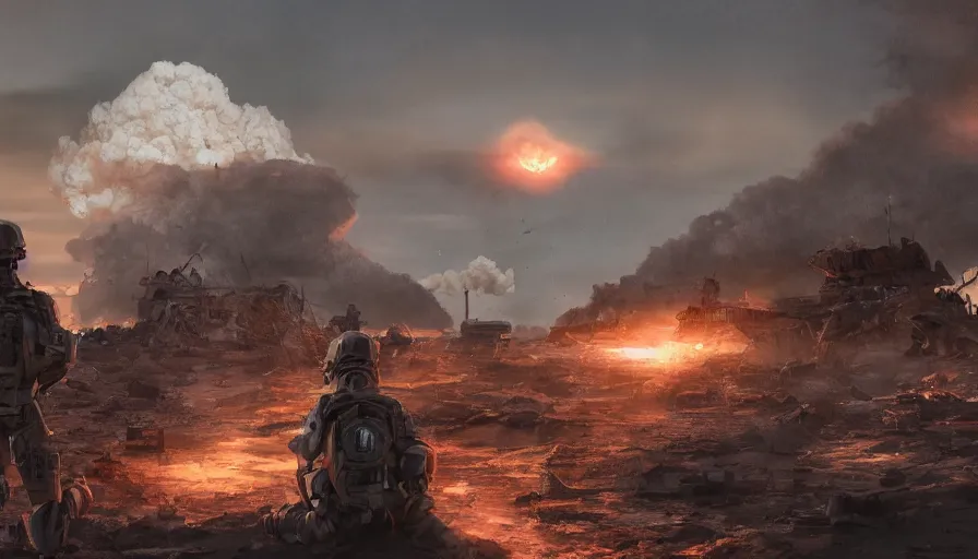 Image similar to troops in las vegas ruins looking at nuclear explosion in the distance, nuclear cloud, hyperdetailed, artstation, cgsociety, 8 k