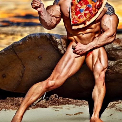 Image similar to muscular man in pizza styled outfit, beach background