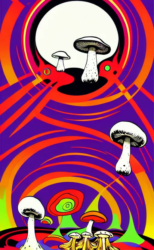 Image similar to psychedelic mushrooms wide angle shot, white background, vector art, illustration by frank frazetta and salvador dali