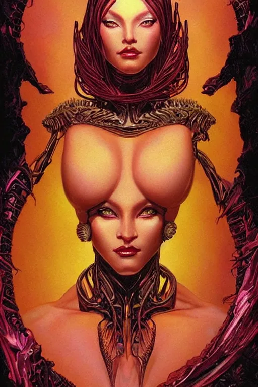 Image similar to a beautiful exotic other-worldly alien queen bust portrait, with confident twinkling eyes, extremely detailed frontal declotage and thick flowing hair, perfectly symmetrical facial features and muscle anatomy, ultradetailed art and illustration, aquiline facial features and primordial beauty, by bill sienkiewicz and chris bachalo and travis charest, fantasy, intricate complexity, asian and native american facial structure, accurate human anatomy mixed with hyper-evolved alien characteristics, sci-fi character concept, mixed media, splatter, bleed, hyperrealism 8k