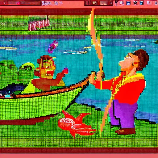Prompt: 2 5 6 px by 2 5 6 px. expensive pixel work, masterpiece with dithering in the right places, pixel art shrek fishing on a sailboat