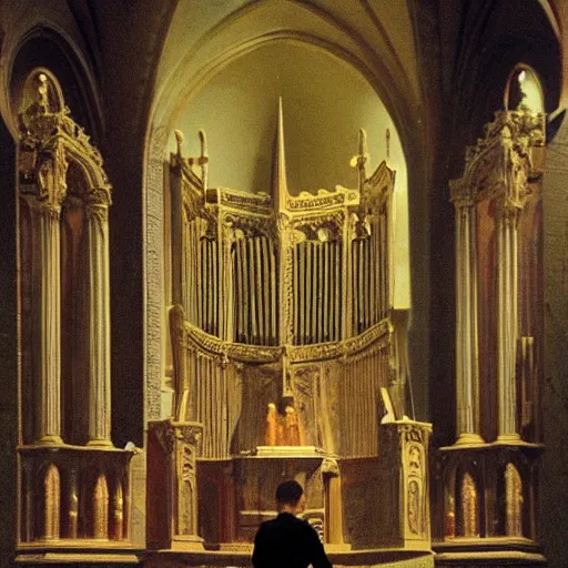 Prompt: a renaissance painting of a man sitting on the seat of a pipe organ inside of a cathedral, the man is tiny im comparison to the size of the cathedral.