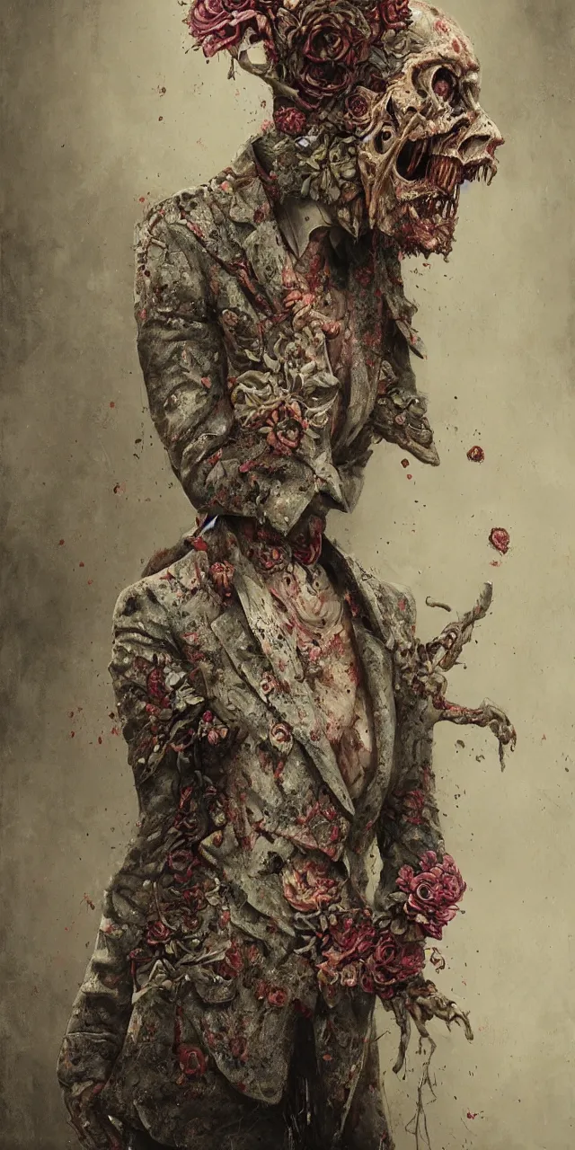 Prompt: a beautifully rendered portrait of an upright and fed up intricately hand - carved zombie wearing a floral embroidered blazer, by gerald brim and tom bagshaw and beksinski, trending on artstation, 8 k, full subject in frame, upright