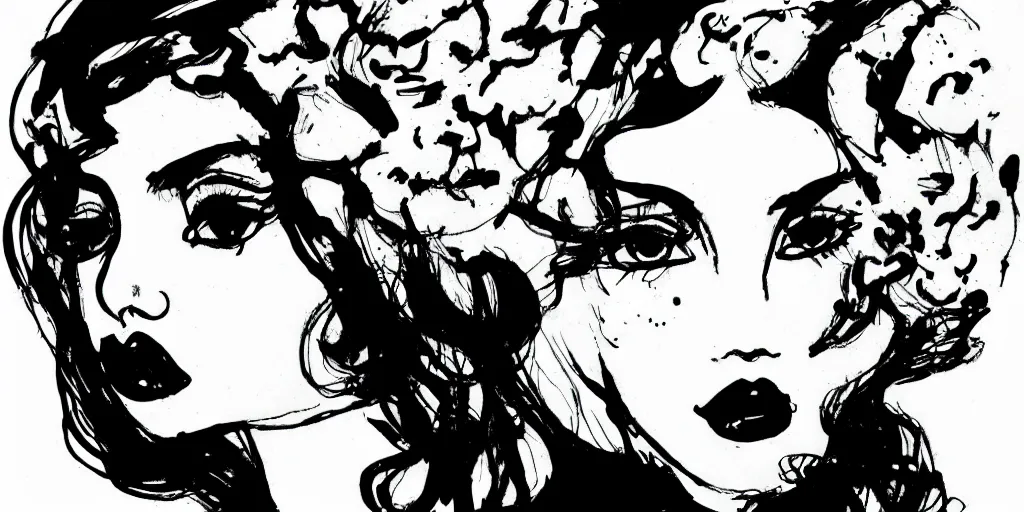 Prompt: ink lineart drawing of a beautiful woman, doll face, big lips, pinup, white background, etchings by goya, chinese brush pen, illustration, high contrast, deep black tones contour