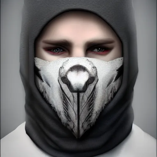 Image similar to Portrait of white wolf, wearing balaclava, gangster, digital art, ultrarealistic, artstation, 8k, hyperdetalied, high quality,