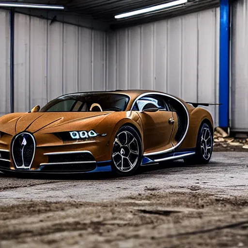 Image similar to an abandoned, derelict, ( really rusty ) bugatti chiron in a dirty warehouse