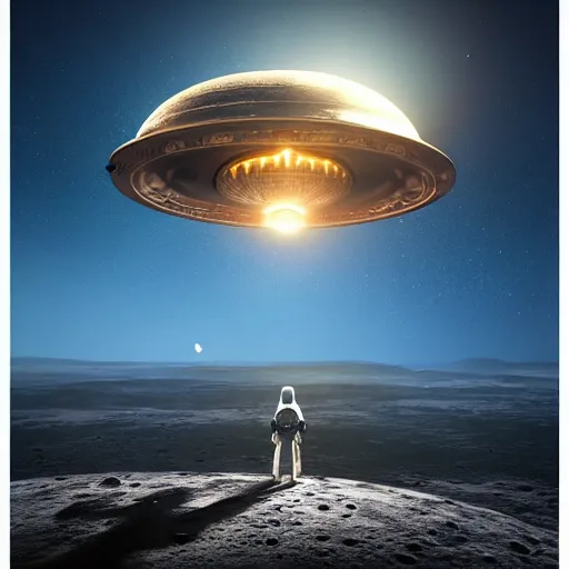 Image similar to image of a flying saucer ufo between the moon and the sun and a thousand stars ultra realistic, concept art, intricate details, serious, highly detailed, photorealistic, octane render, 8 k, unreal engine, art by todd mcfarlane and artgerm and greg rutkowski and alphonse mucha