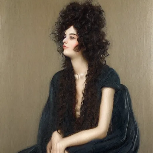 Image similar to a oil painting of a fair skin with dark curly stylised hair queen wearing dress, by frederick william elwell, by otomo highly detailed, realistic, concept art, jewels, oriental, desaturated