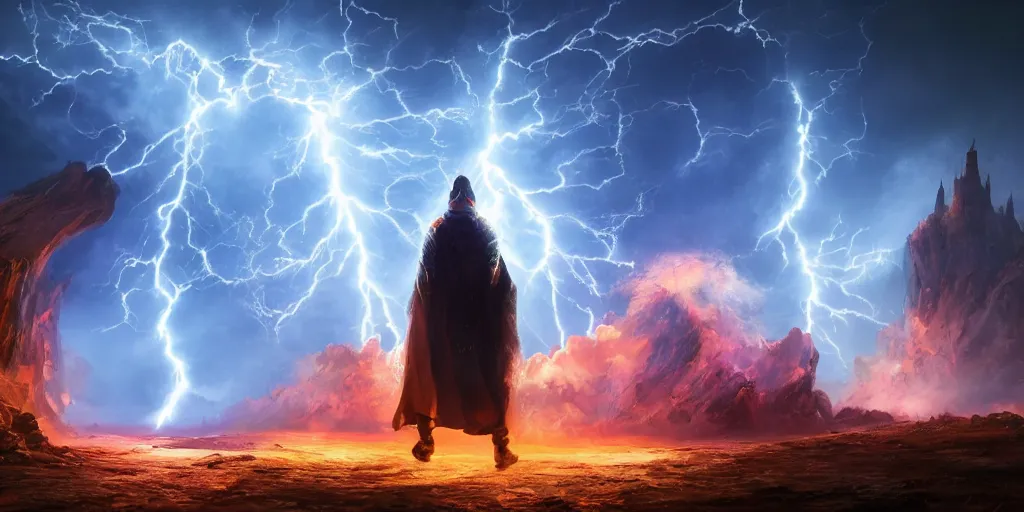 Prompt: wizard in front of magical explosion, lightning, fantasy, concept art, 8 k