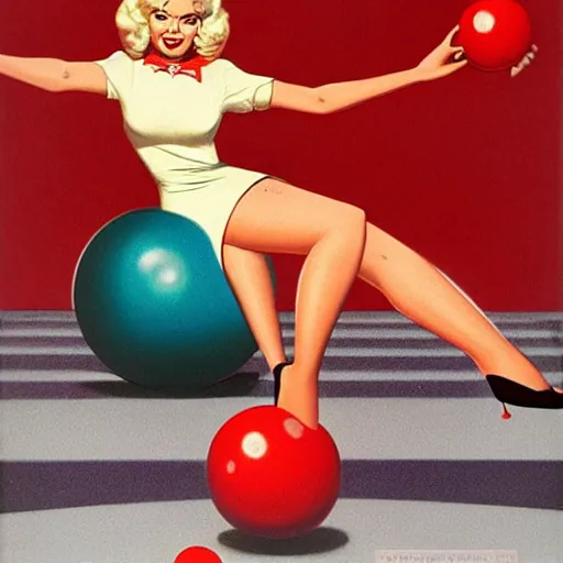 Prompt: jayne mansfield in a bowling alley with a perspective view of bowling pins at the end of the lane, jayne mansfield about to roll a large red bowling ball down a bowling land towards bowling pins, jayne mansfield holding a large red bowling ball in a provocative pose, by mort kunstler and gil elvgren