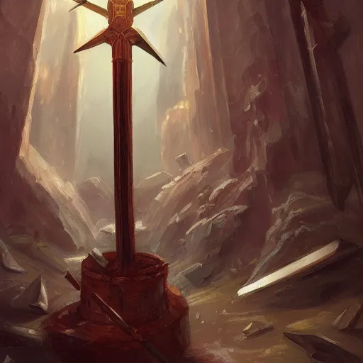 Prompt: Gungnir, the spear of Odin, laying on the pedestal in the armory of the gods, painting by Diego Gisbert Llorens