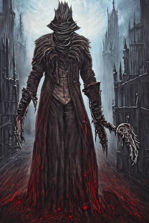 Image similar to bloodborne werewolf oil painting, horror, lovecraftian horror, bloody, pools of blood, reflecting