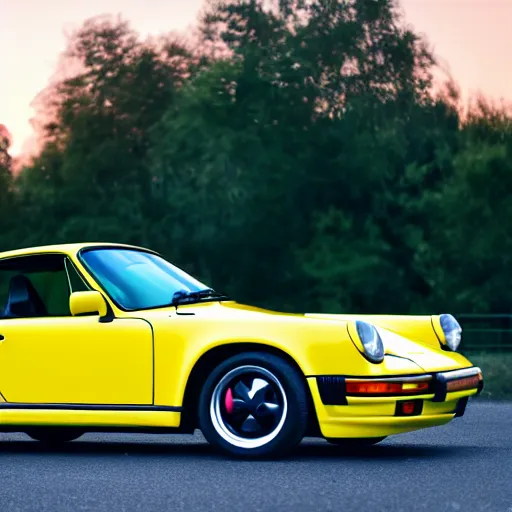 Prompt: an attractive young women driving a yellow 1 9 8 5 porsche 9 1 1 turbo, sunset, 4 k