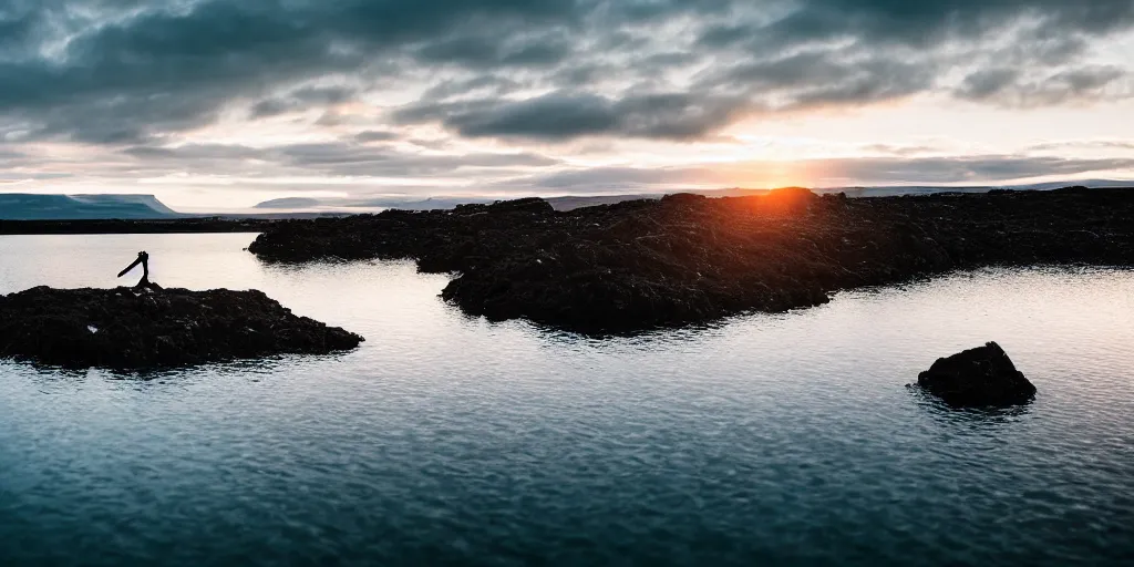 Image similar to cinematic wide shot of rop in the water in the middle of a lake in iceland, a rocky foreground, sunset, a bundle of rope is in the center of the lake, eerie vibe, leica, 2 4 mm lens, 3 5 mm kodak film, f / 2 2, anamorphic