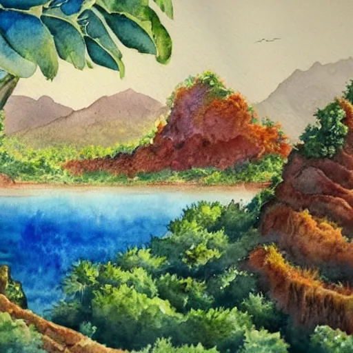 Image similar to detailed watercolor of a lush natural scene on an alien planet by stephen quiller. beautiful landscape. weird colourful vegetation. cliffs and water.