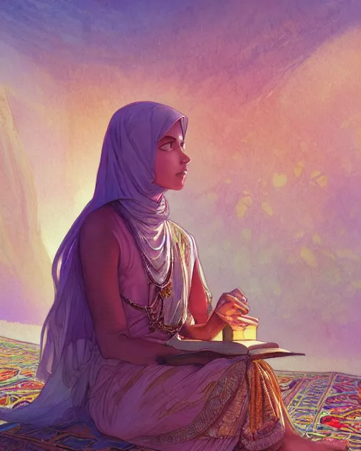 Image similar to a bedouin child infront of an big open quran highly detailed, gold filigree, romantic storybook fantasy, soft cinematic lighting, award, disney concept art watercolor illustration by mandy jurgens and alphonse mucha and alena aenami, pastel color palette, featured on artstation