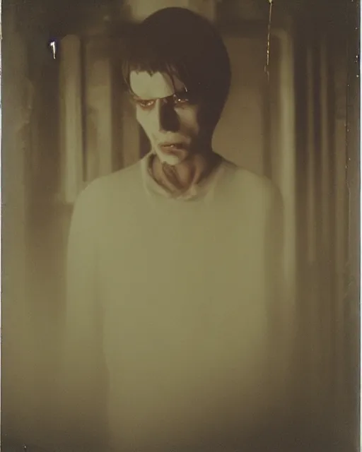 Image similar to an instant photo of a handsome but sinister ghost of a young man in layers of fear, with violence in his eyes, 1 9 7 0 s, seventies, woodlands, delicate embellishments, painterly, offset printing technique, by mary jane ansell