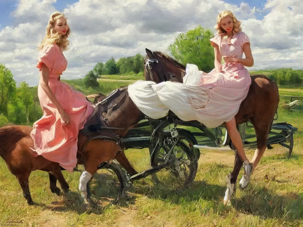 Prompt: 1950 blonde driving à mustang on a country road, Swedish countryside, painting by Vladimir Volegov, masterpiece