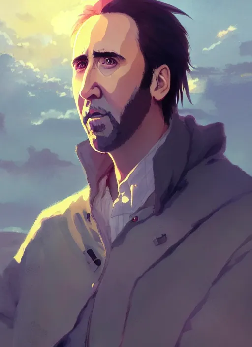 Image similar to portrait of nicolas cage, cloudy sky background lush landscape illustration concept art anime key visual trending pixiv fanbox by wlop and greg rutkowski and makoto shinkai and studio ghibli