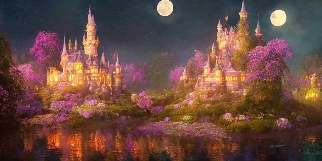 Image similar to a single glittering fairy castle at night, a full moon, water and colourful flowers, extremely detailed oil painting, unreal 5 render, fantasy digital art, octane render, beautiful composition, trending on artstation, award-winning photograph, masterpiece