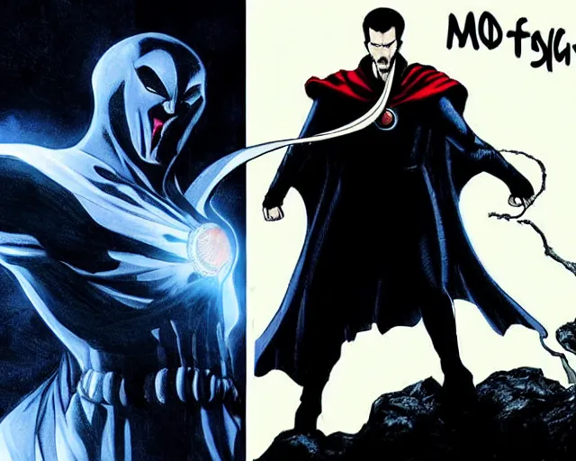 Prompt: fine concept art of moon knight vs dr. strange, in the tv marvel movie moon knight, photorealistic