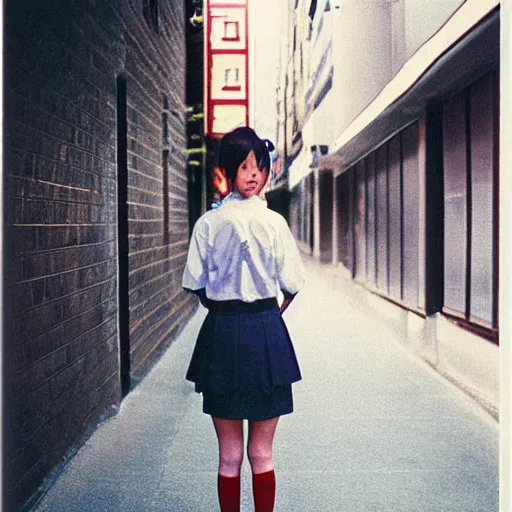 Image similar to 1990s perfect 8K HD professional cinematic photo of a japanese schoolgirl, in sci-fi alleyway at evening, at instagram, Behance, Adobe Lightroom, with instagram filters, depth of field, taken with polaroid kodak portra