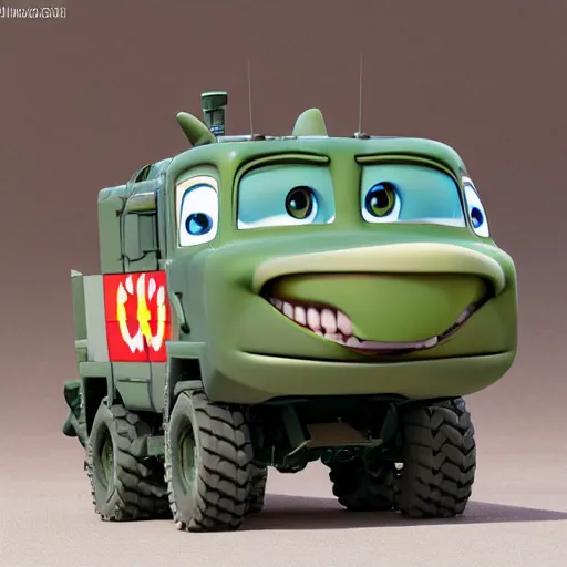 Image similar to HIMARS with missile, eyes and smile, Cars Pixar movie style, detailed, green