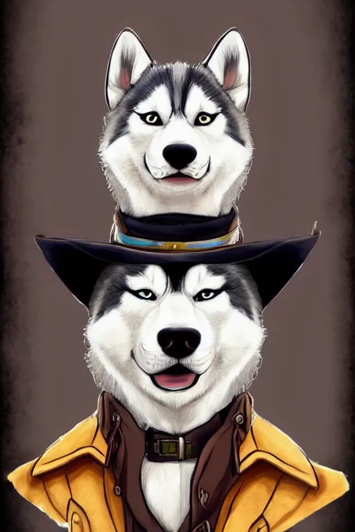 Prompt: a [ portrait painting ] of a husky in cowboy costume in the style of anime, [ character design ], [ a fistful of dollars ], [ per un pugno di dollari ], humanoid, personify, anthropomorphic, treniding on artstation