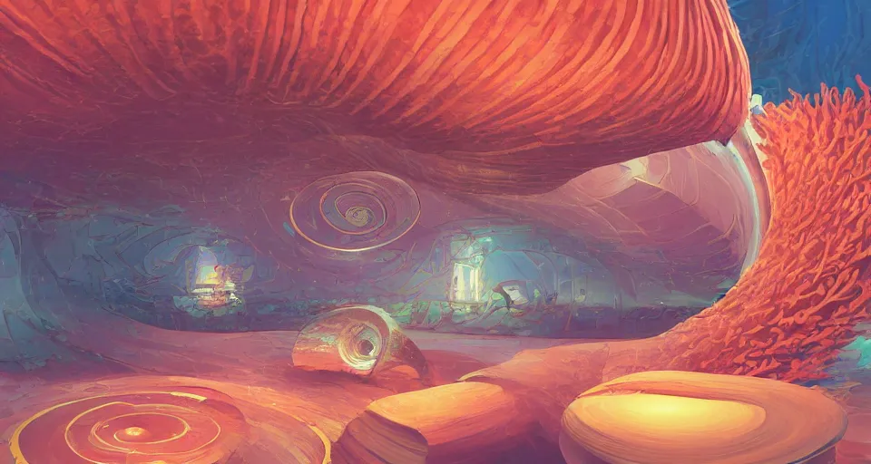 Image similar to digital painting of a tiny sacred spiral, procedural seashell house surrounded by dreamy coral, syd mead, cell shaded graphics, concept art, minimalist, golden ratio