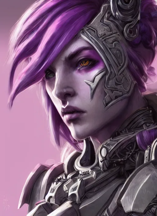 Prompt: close up portrait of a pale sylvanas windrunner in sci - fi power armor with purple hair, powerful, domineering, stoic, masterful, intense, ultrafine hyperdetailed illustration, intricate linework, sharp focus, octopath traveler, yoji shinkawa, highly rendered, detailed, concept art
