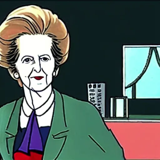 Image similar to A still of Margaret Thatcher in a 1990s anime