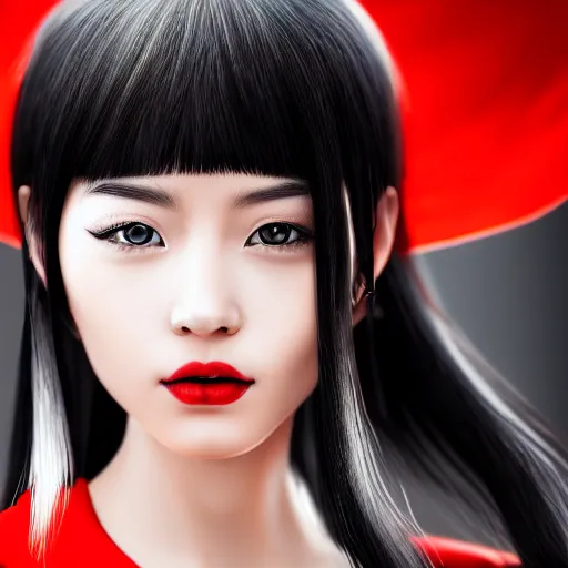 Prompt: high-detail portrait of a beautiful young Chinese woman with black hair that is white at the tips, with amber eyes, a white and red hanfu, masterpiece, trending on artstation, featured on pixiv, cinematic composition, dramatic pose, beautiful lighting, sharp, details, hyper-detailed, HD, HDR, 4K, 8K