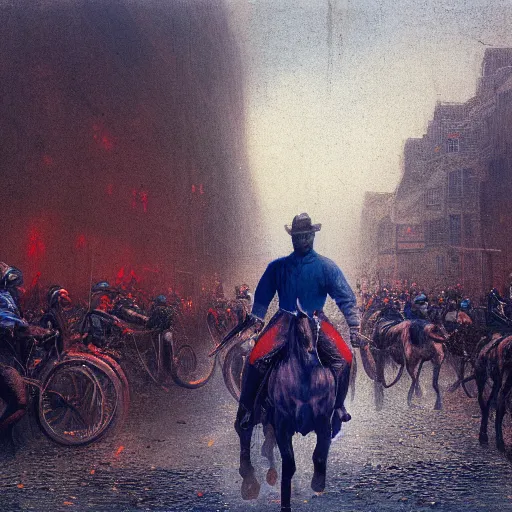 Prompt: a photo of a man riding a horse in the middle of the george floyd riots, dark, blue, red, white, cinematic lighting, by alan lee, intricate, grim, digital art, trending on artstation