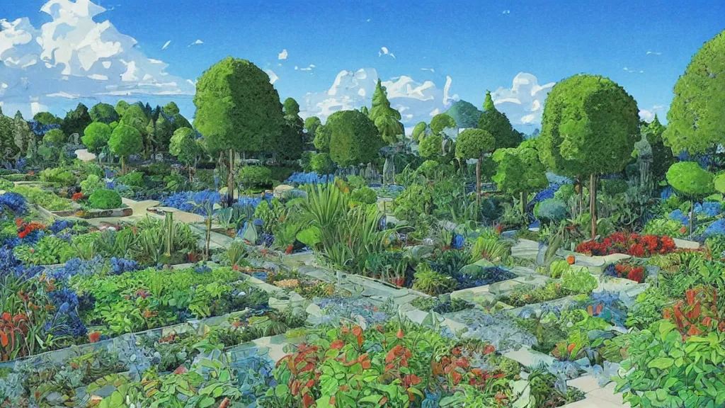 Prompt: an artificial garden with blue skies, landscape, moebius,