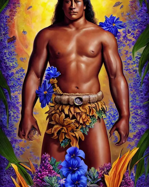 Image similar to buff 2 1 year old duke kahanamoku as a hawaiian warrior emerging from a surrounded intergalactic planets connected by streams of multiversal flow, sigma male, gigachad, lush garden of majestic flowers, visually stunning, luxurious, face anatomy, by wlop, james jean, jakub rebelka, tran nguyen, peter mohrbacher, yoann lossel