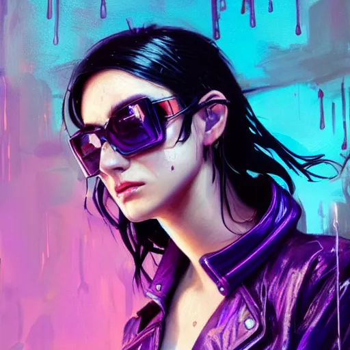 Image similar to very detailed masterpiece painting of a very beautiful wet young mexican cyberpunk woman with blue shutter shades, dark purple hair and a purple leather jacket, closeup, cyberpunk background, purple lighting, raining, portrait, artstation, concept art by greg rutkowski