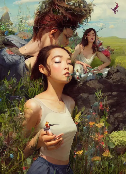 Prompt: beautiful fantasy painting scene of beautiful chill summer day, by Kenne Gregoire, James Jean, Tran Nguyen, WLOP, Jakub Rebelka. trending on Artstation, 8k, masterpiece, graffiti paint, fine detail, full of color, intricate detail, golden ratio illustration