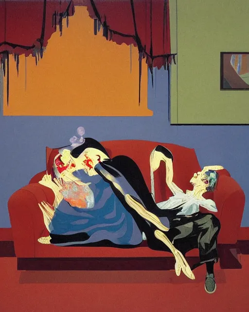 Image similar to old dead couple sitting on a couch and a dark figure crying in the corner with clouds at red and yellow art deco interior room in the style of Francis Bacon and Syd Mead, open ceiling, highly detailed, painted by Francis Bacon and Edward Hopper, painted by James Gilleard, surrealism, airbrush, very coherent, triadic color scheme, art by Takato Yamamoto and James Jean