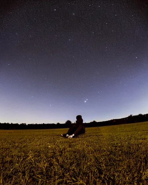 Image similar to man sitting in a huge field star filled night sky, crewdson, gregory, wide angle, surreal