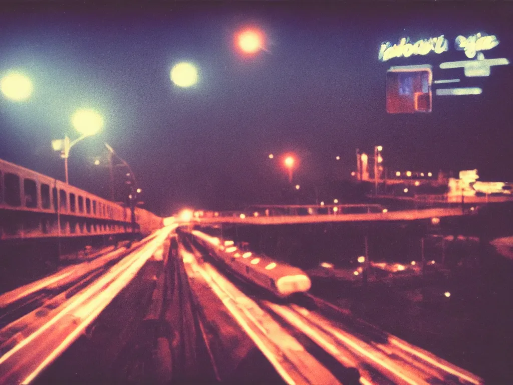 Image similar to 8 0 s polaroid photo, cinema still, train going over bridge at night while bright city is in the background, haze, americana, 8 k resolution, hyperrealistic, photorealistic, high definition, highly detailed, tehnicolor, award - winning photography, masterpiece