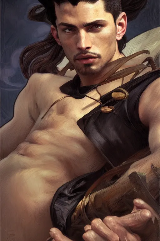 Image similar to painted portrait of gon freecs, hunter hunter, hunterpedia, madonna, black hair, masculine, mature, handsome, upper body, muscular, fantasy, intricate, elegant, highly detailed, digital painting, artstation, concept art, smooth, sharp focus, illustration, art by gaston bussiere and alphonse mucha