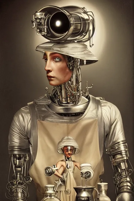 Image similar to a beautiful ultradetailed vintage photo of a futuristic cybernetic cyborg male wearing a tall white chef hat and an apron, by tom bagshaw and natalie shau, portrait, 3 5 mm lens, golden ratio composition, detailed face, studio photography, very detailed, humanoids, industrial robots, artstation, 8 k, highly coherent