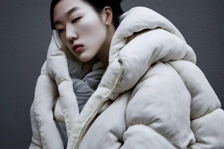 Image similar to well lit fashion shoot portrait of extremely beautiful female marble statue wearing huge over size puffer jacket by dingyun zhang, yeezy, balenciaga, vetements, a cold wall, sharp focus, clear, detailed,, cinematic, detailed, off white, glamourous, symmetrical, vogue, editorial, fashion, magazine shoot, glossy